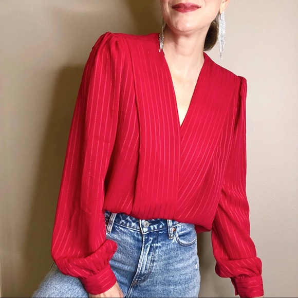 Vintage Tops - Vintage 80s 90s red puff sleeve faux wrap blouse L